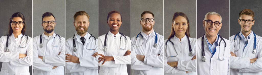 Row of happy doctors. Preferred Transcriptions helps doctors reduce burnout, improve patient care, and increase billable hours.